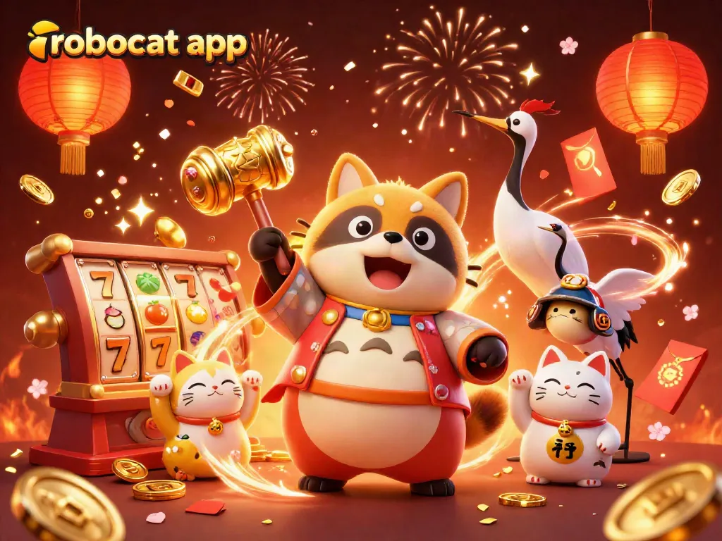 Experience immersive gaming with robocat app featuring colorful characters, slot reels, and festive elements.