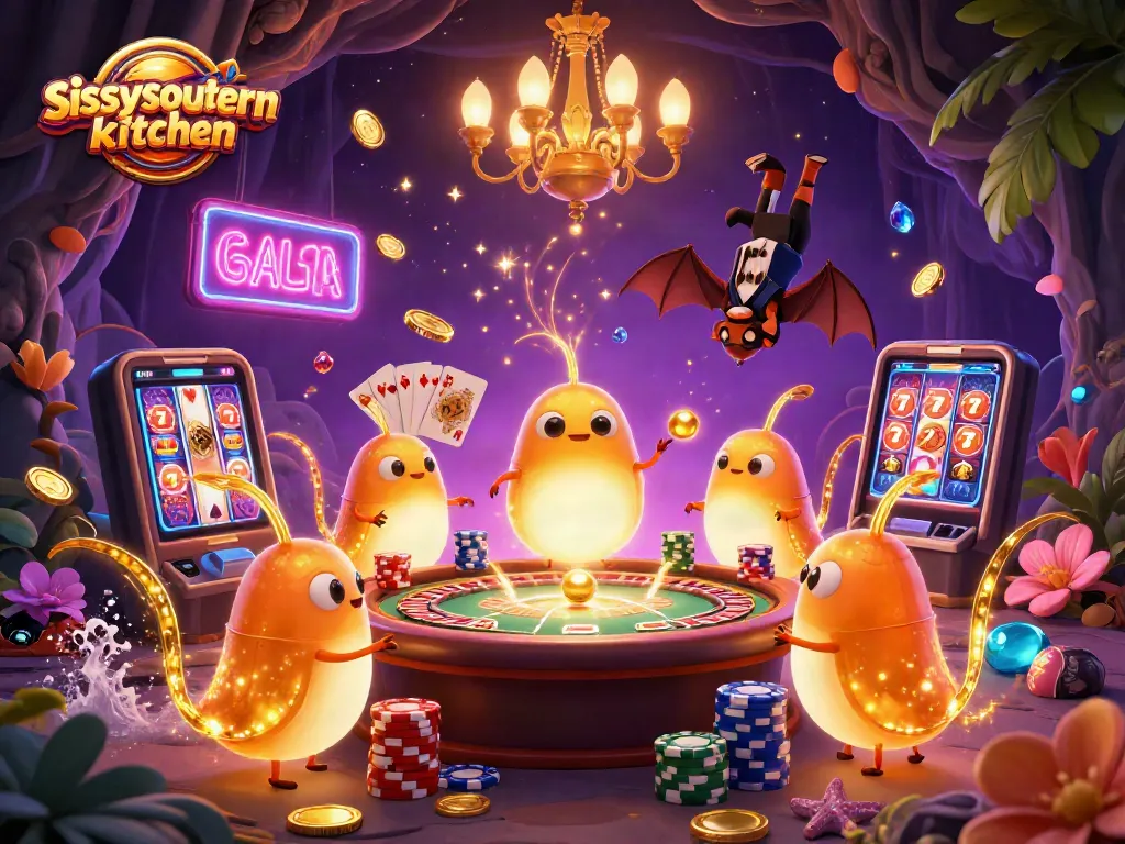 sissyssouthernkitchen - Spin the reels and win with electrifying glowworm dealers in a vibrant casino scene.