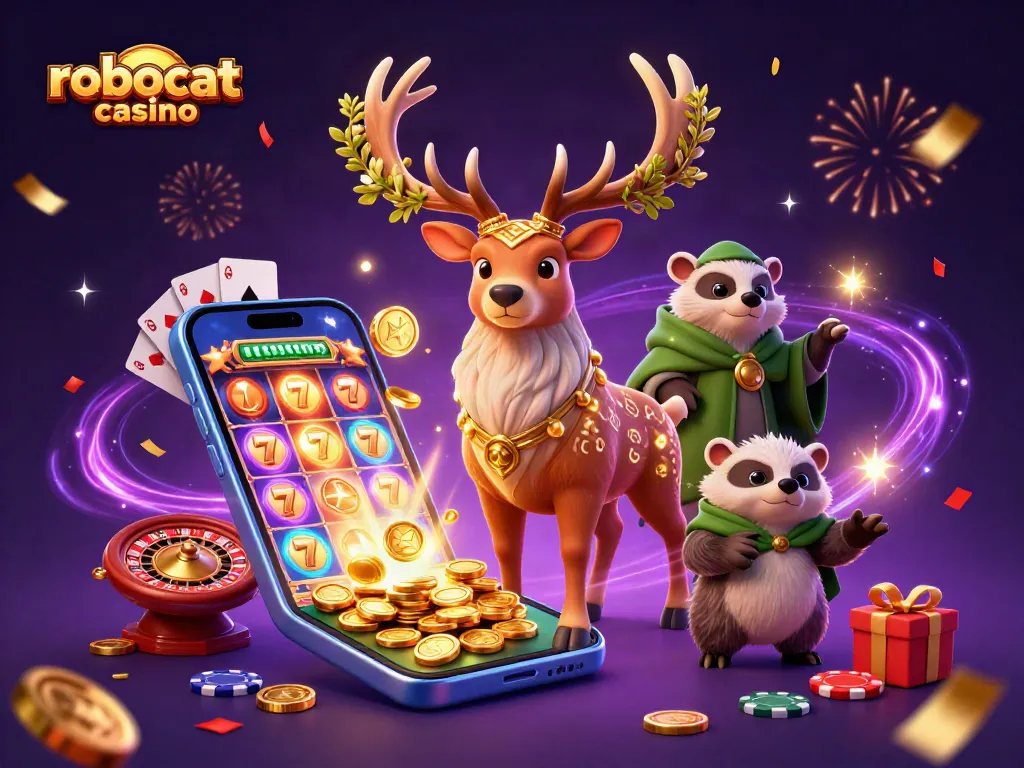 Engage with robocat casino's exciting slots and games in this vibrant 3D illustration.